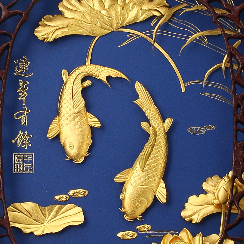 金箔画连年有余 客厅装饰画送领导朋友高档礼品公司定制桌面摆件