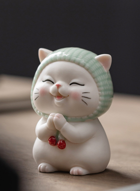 可爱卡通陶瓷招财i许愿猫咪小摆件客厅办公室桌面装饰汽车载工艺