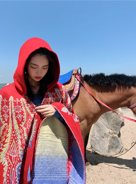 民族风旅游斗篷披风m带帽加厚保暖秋冬红色女士茶卡盐湖大西北拍