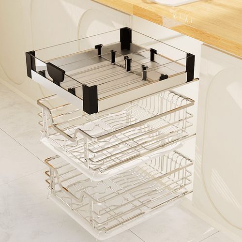 加深47橱柜厨房碗碟拉篮304不锈钢抽屉碗架小拉篮400柜体450阻尼