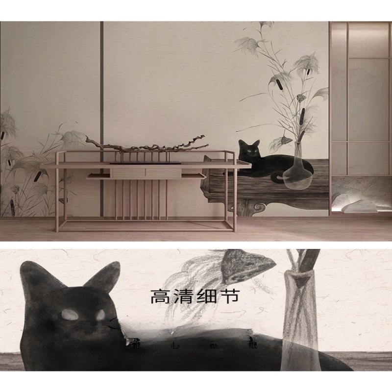 手绘猫咪中式壁纸素雅国风墙纸客厅卧室电视背景墙布定制壁布壁纸