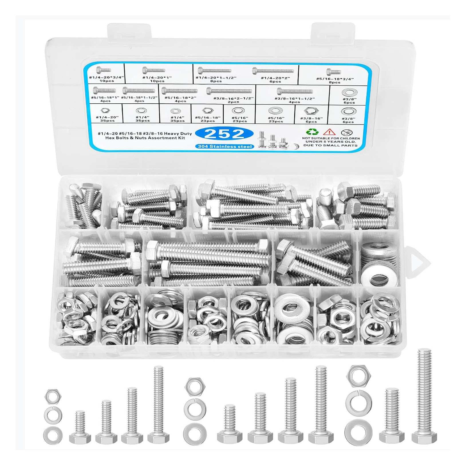 跨境热销246/252pcs英美制304不锈钢外六角螺栓螺母平弹垫圈套装