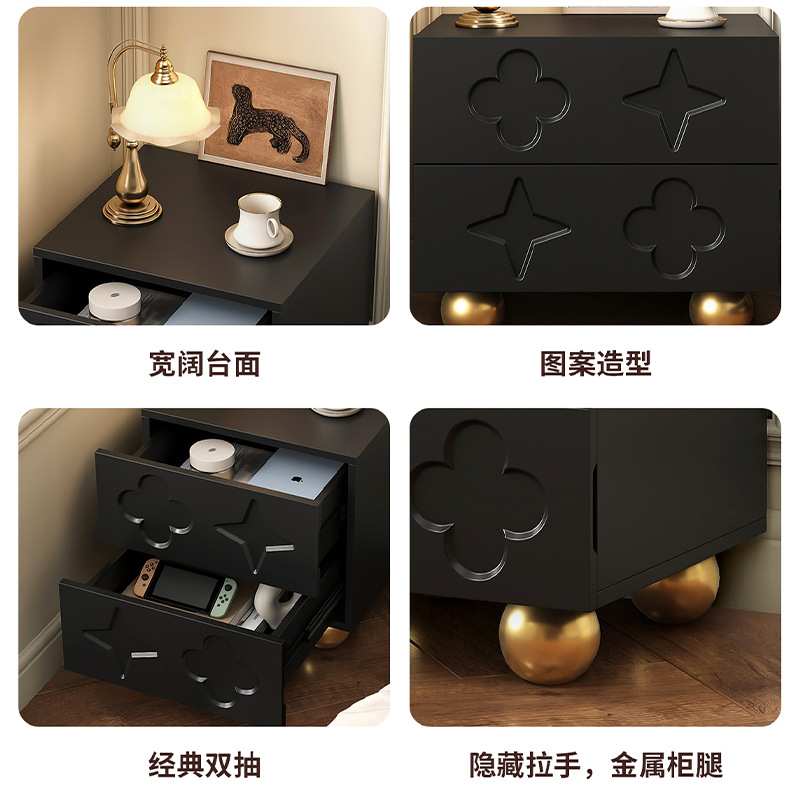 新款复古轻奢黑色床头柜高端设计师简约现代创意中古床边柜抽屉柜