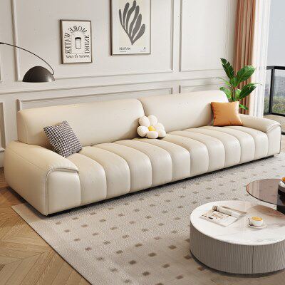 奶油风三人位轻奢直排头层真皮沙发客厅小户型现代简约钢琴键沙发