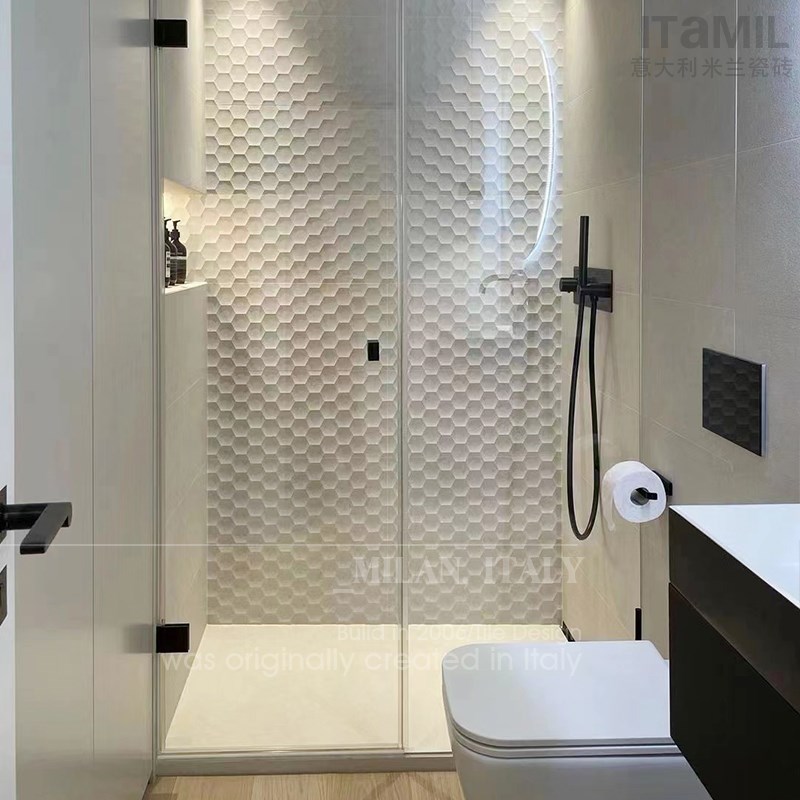 广东暖色卫生间瓷砖 立体蜂窝浴室墙砖300x80R0磁砖厕所浴室地砖