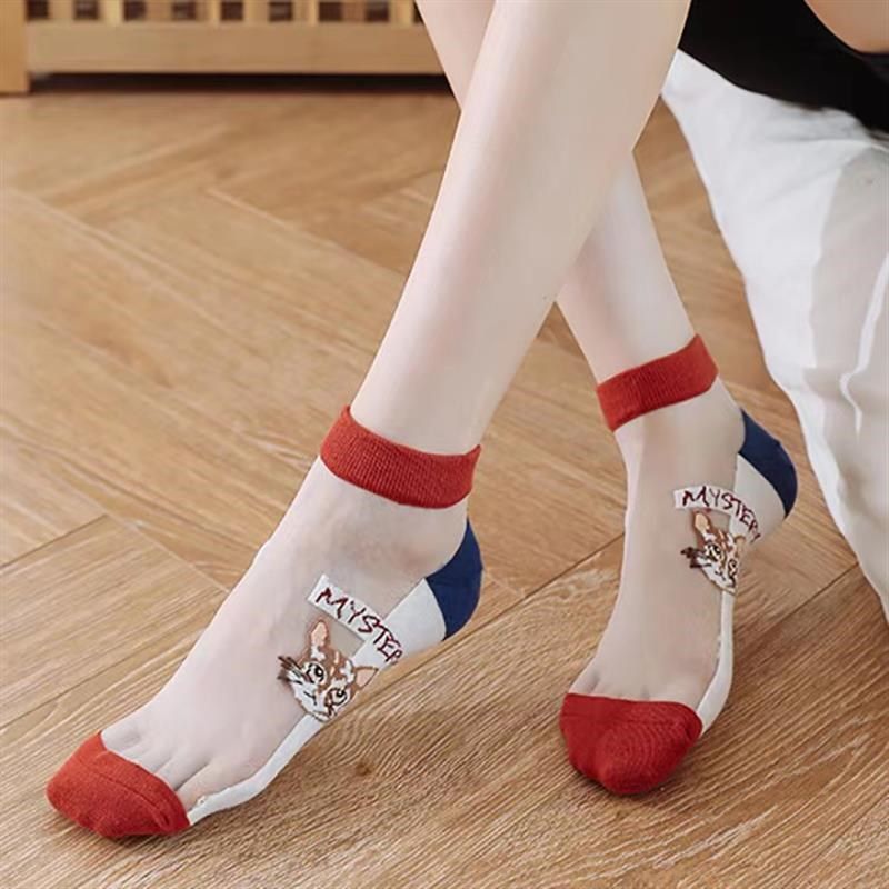 10双装女士猫头卡通玻璃丝短筒透明拼接透气卡丝袜春夏季短袜女袜