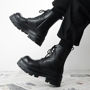 中帮皮靴子机车靴潮 2024新款 德比马丁靴男款 厚底增高7cm高帮皮鞋