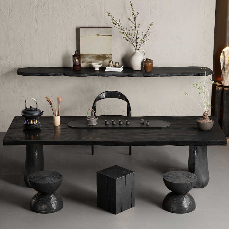侘寂风大板泡茶桌碳化黑实木现代简约整板茶几办公室会客桌椅组合,住宅家具,家用茶台/茶桌,淘宝优惠券,粉丝福利购,淘宝优惠卷