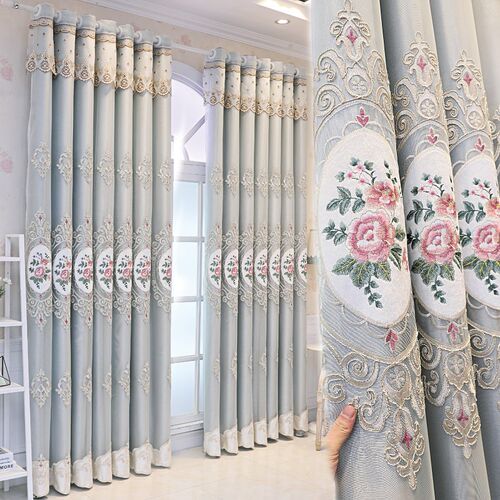 布纱一体双层全遮光成品花边客厅落地窗帘绍兴柯桥绣W花定制飘窗