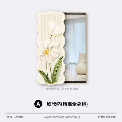 奶油玄关壁画镜隐藏式全身挂画装饰画花卉推拉穿衣镜风镜子客厅