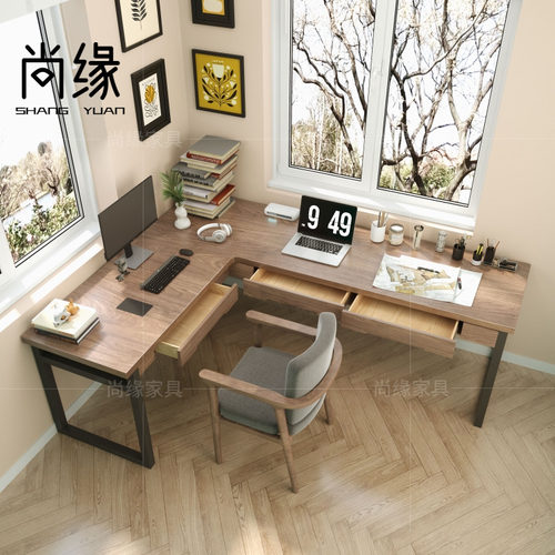实木转角双人书桌带抽屉 书房拐角办公桌工M作台家用l型学习电脑