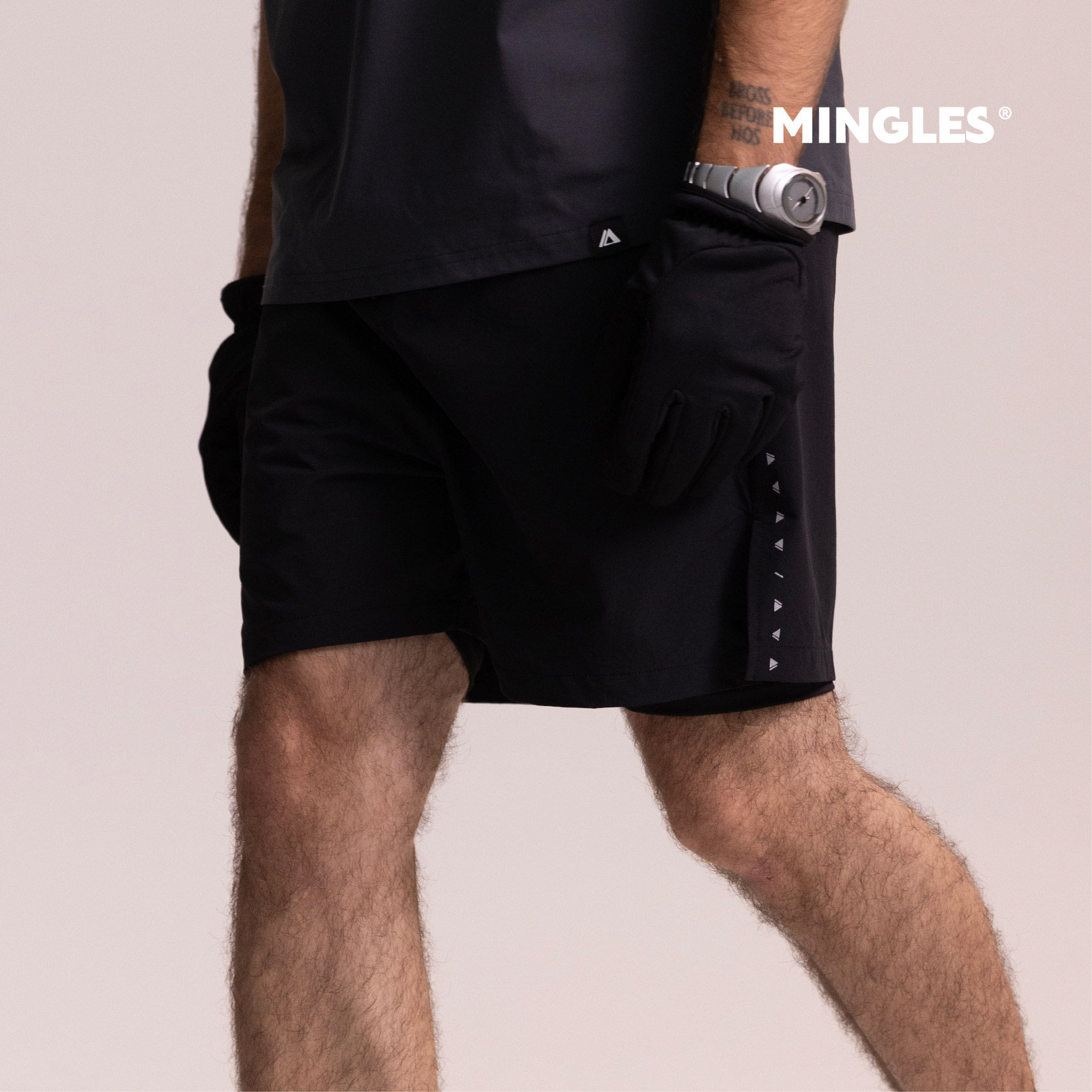 MINGLES 双层内衬运动短裤 时尚款潮流舒适男女反光标打底户外裤