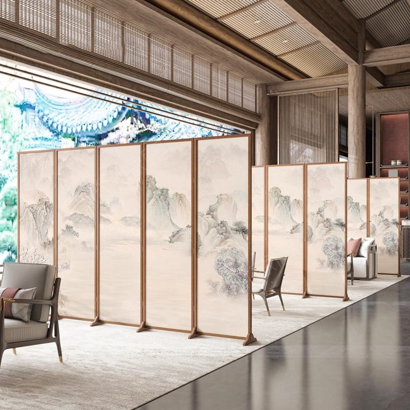 新中式原木折叠移动屏风加底座隔断办公室茶叶店酒店遮挡水墨国画