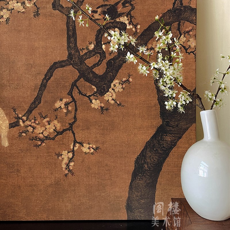 【绢丝】杏花双雉图中式中古艺术装饰画日式书房茶楼酒店民宿背景图片