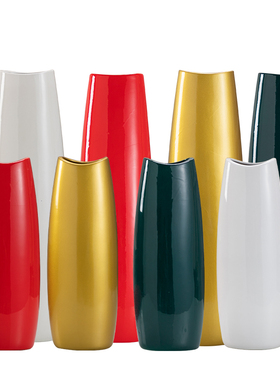 落地白色椭圆大花瓶 60cm红色陶瓷花瓶 客厅墨绿色花器金色可装水