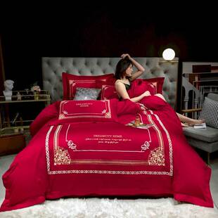 l简约红色被套长绒棉p床上四件套全棉春秋酒红结婚用