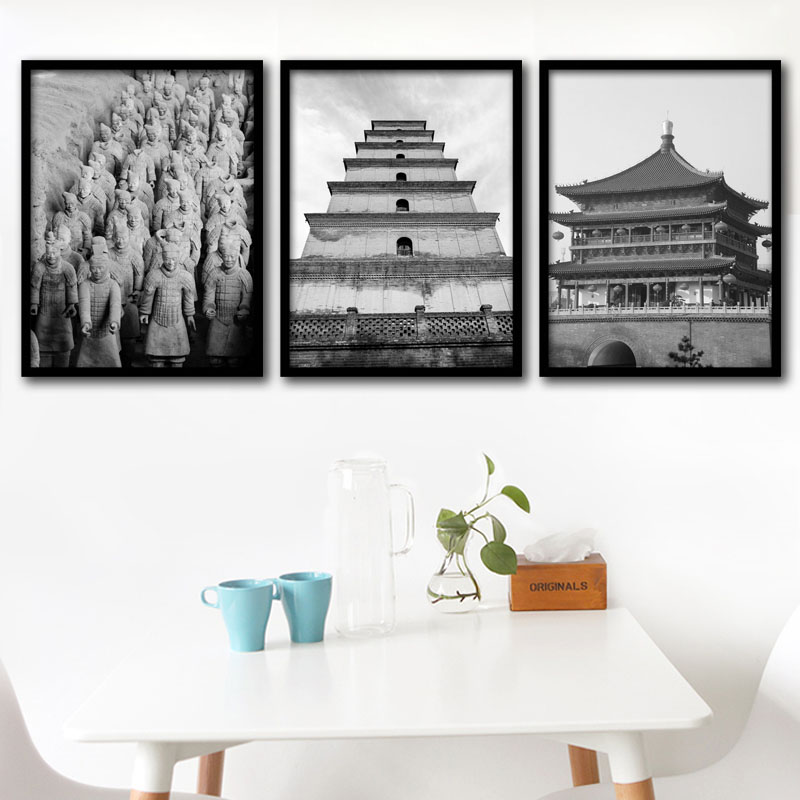 老西安景点照片餐厅酒店装饰画黑白陜西建O筑有框画怀旧面馆挂画图片