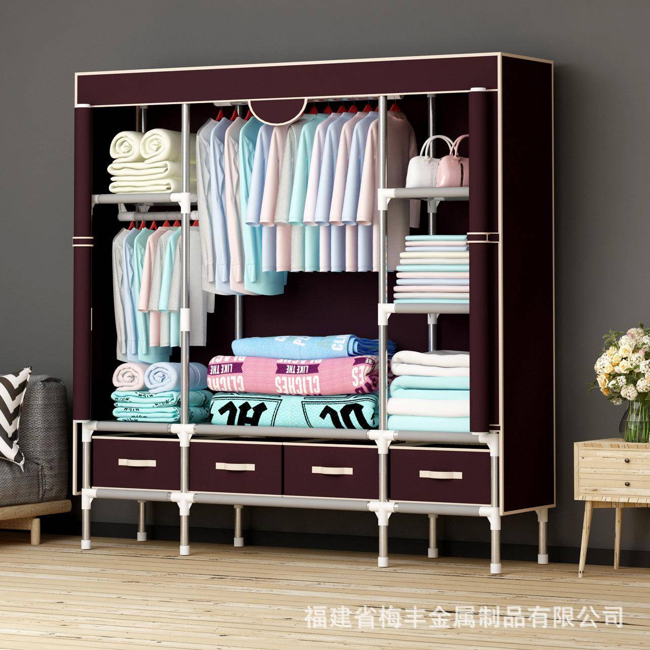 种梅峰简易布粗衣柜1链9m244m加钢管拉型衣橱送收纳盒多规格