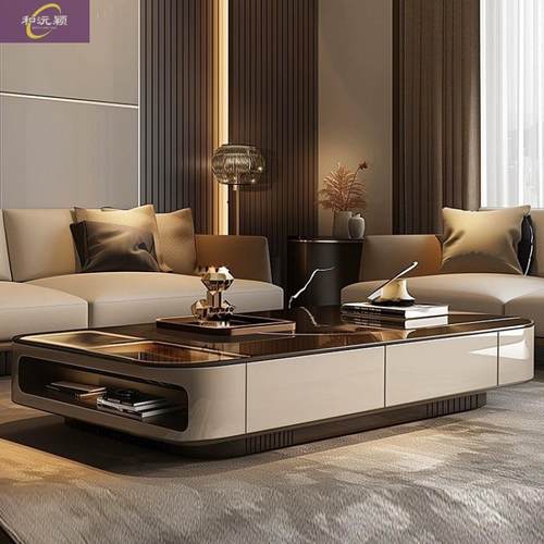 225OQQ现代新款轻奢璃茶几级感客厅小户型圆家用简0高易玻长几家