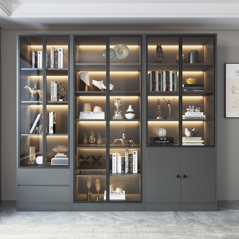 组合书柜轻奢玻璃门家用客厅展示柜D一体整墙定制实木书架储物柜