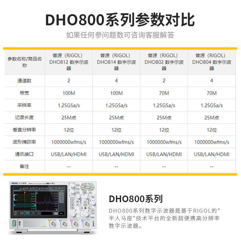 RIGOL普源示波器DHO81082/82/804/D四HO14便携示波器DHO802D100MH