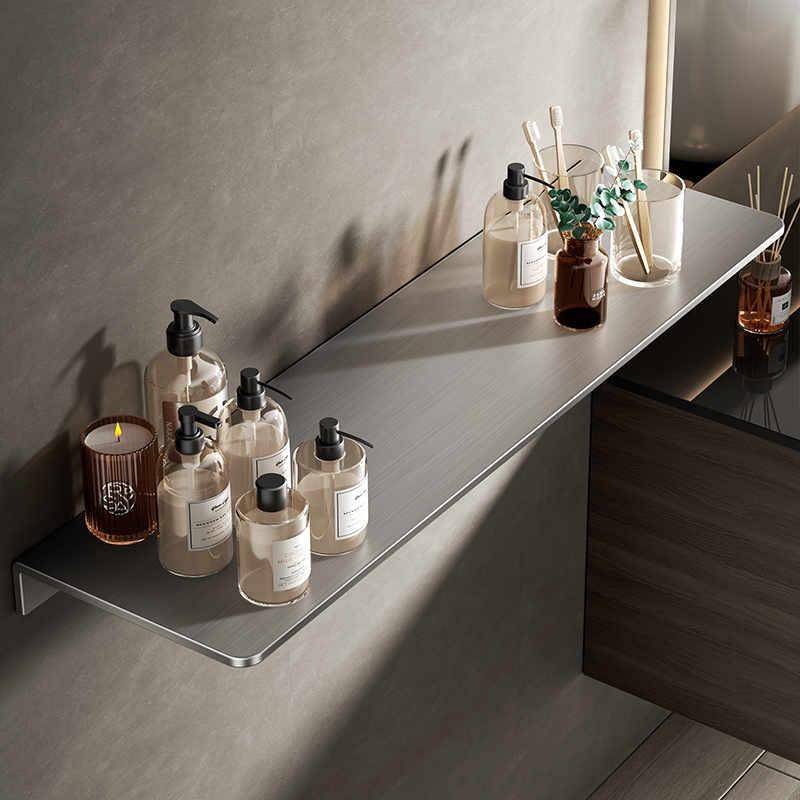 枪灰色免打孔不锈钢浴室置物架镜前一字隔板壁挂淋浴房收纳架子