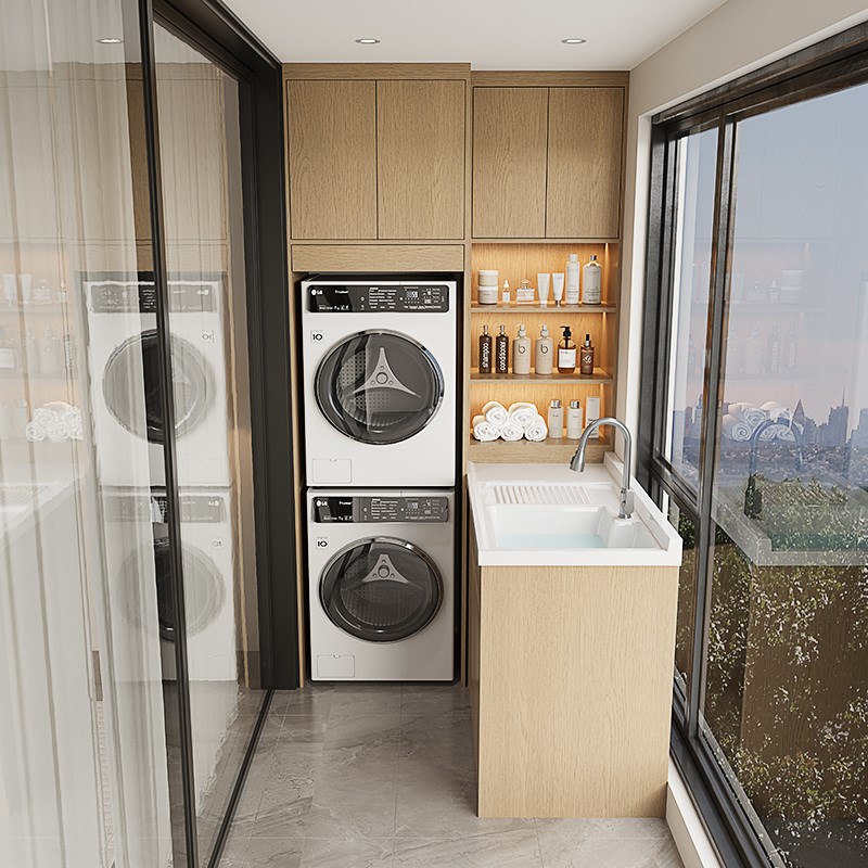 定制洗衣机一体阳台柜小户型洗烘套装组合双机位晾衣架转角洗衣台