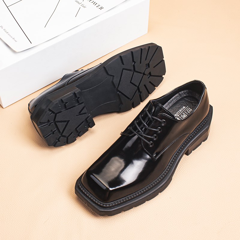 方头漆皮亮面德比鞋男款厚底系带新郎结婚鞋黑色大头商务正装皮鞋