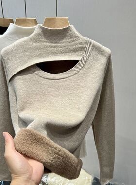 半高领毛衣秋冬新款女士内搭加绒A加厚小众设计感中领一体绒打底