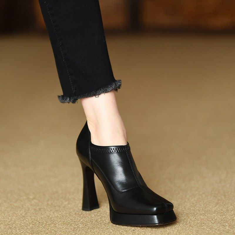 misili 10cm方头粗跟单鞋女2025春季新款高跟鞋黑色深口厚底女鞋,女鞋,深口单鞋,淘宝优惠券,粉丝福利购,淘宝优惠卷