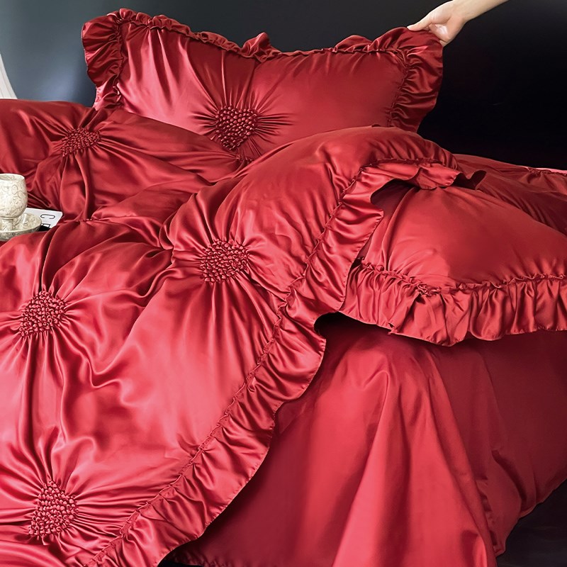 法式浪漫婚庆四件套红色爱心刺绣100s全棉扎花荷叶边结婚被套床单
