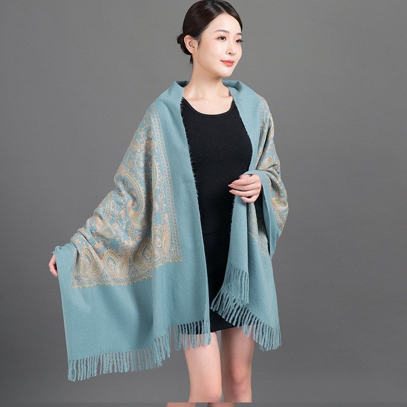 韩版手工刺绣花围巾腰果金线绣花大红色围巾妈妈保暖秋冬季女披肩