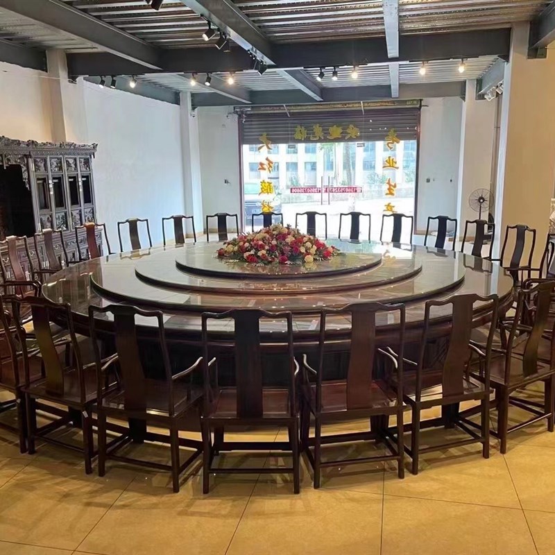 新中式实木转盘圆桌交趾黄檀家用红木餐桌5.6米 老挝大红酸枝家具