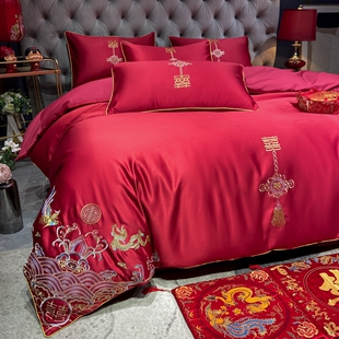 奢华欧式 e刺绣婚庆四件套全棉大红色床单被套结婚床上用