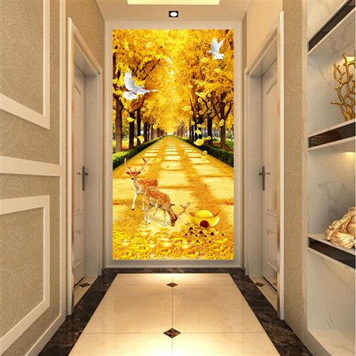 8d立体发财树玄关壁纸招财壁画走廊G过道壁纸客厅装饰画进门5D图片