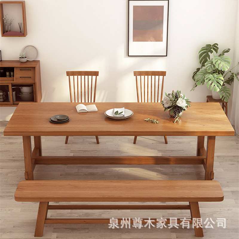日式全实木餐桌椅组 原木家用吃饭桌子长条桌配长凳民宿客栈桌椅