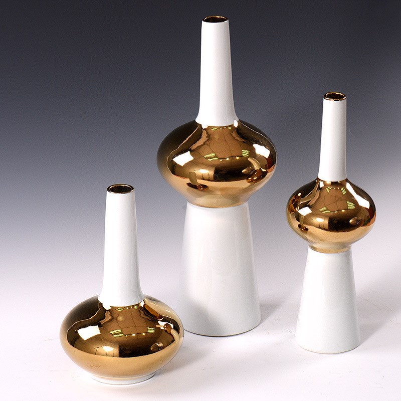 现代简约家居软装饰品客厅餐桌插花干花摆设金色电镀陶瓷花瓶摆件