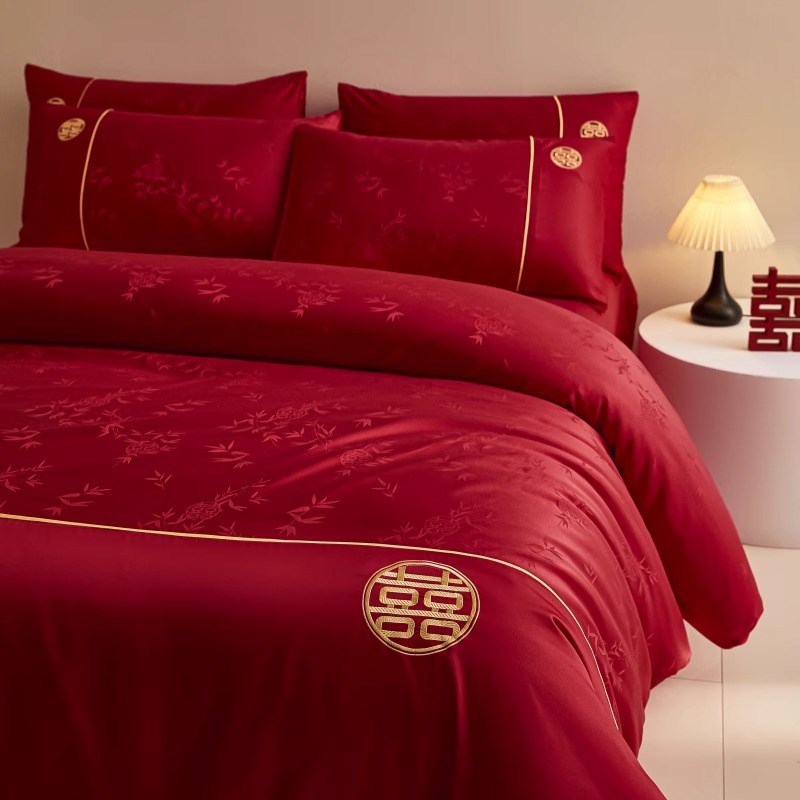 高档中式婚礼结婚四件套大红色新婚喜字被套婚庆床上用品婚房陪嫁