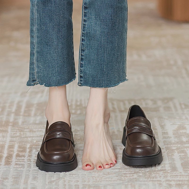 乐单21104福鞋女20学24春季款新厚底一脚蹬院鞋增高小皮鞋英伦风