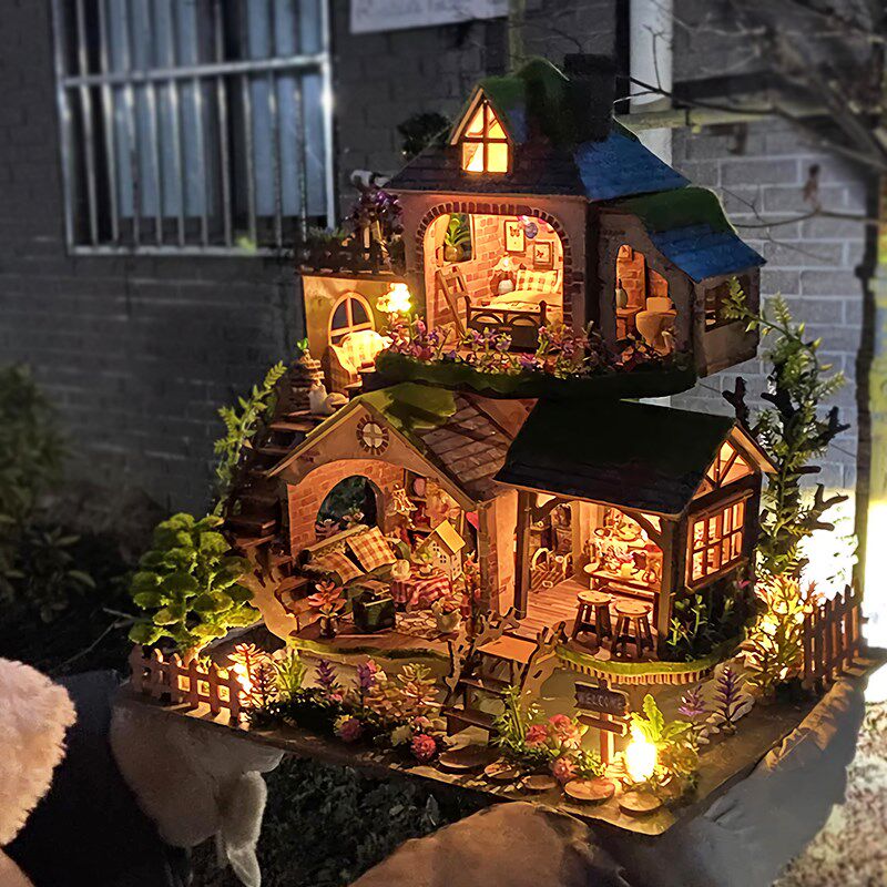 森林小屋手工拼装微缩房子模型 v古风别墅阁楼木质积木 DIY竹泉小