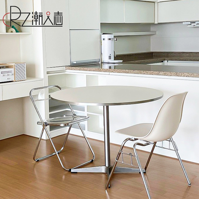 餐桌家用c现代简约防火板饭桌铝合金金属封边桌子白色洽谈小圆桌