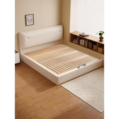 奶油风薄床头落地齐边榻榻米满铺榉木床板静音双人床支持定制