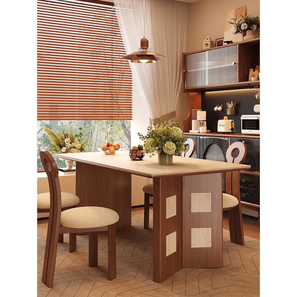 中古风洞石岩板餐桌小户型家用客厅长方形覆古实木饭桌新款