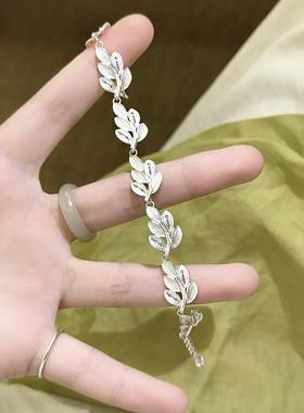 大树叶足银拉丝手錬女简约个性森系树枝叶子手饰送礼物