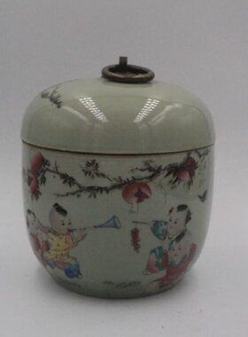 清雍正粉彩人物婴戏图茶叶盖罐 古董瓷器 古玩收藏品书房摆件仿古