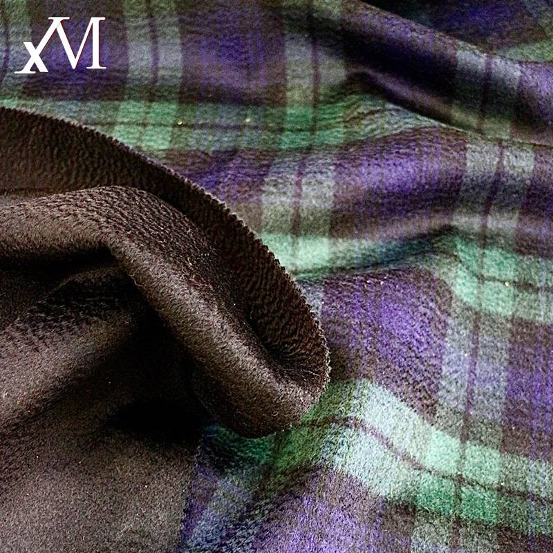 新品现货格子水波纹双面呢面料 天丝羊毛高定服装大格子毛呢面料