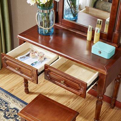 实木梳妆台卧室带镜子美式乡村化妆台凳子组合98公分尺寸欧式白漆