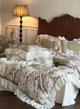 法式复古罩风丝棉磨毛四0000261件套秋冬花印天染花边加厚被床上