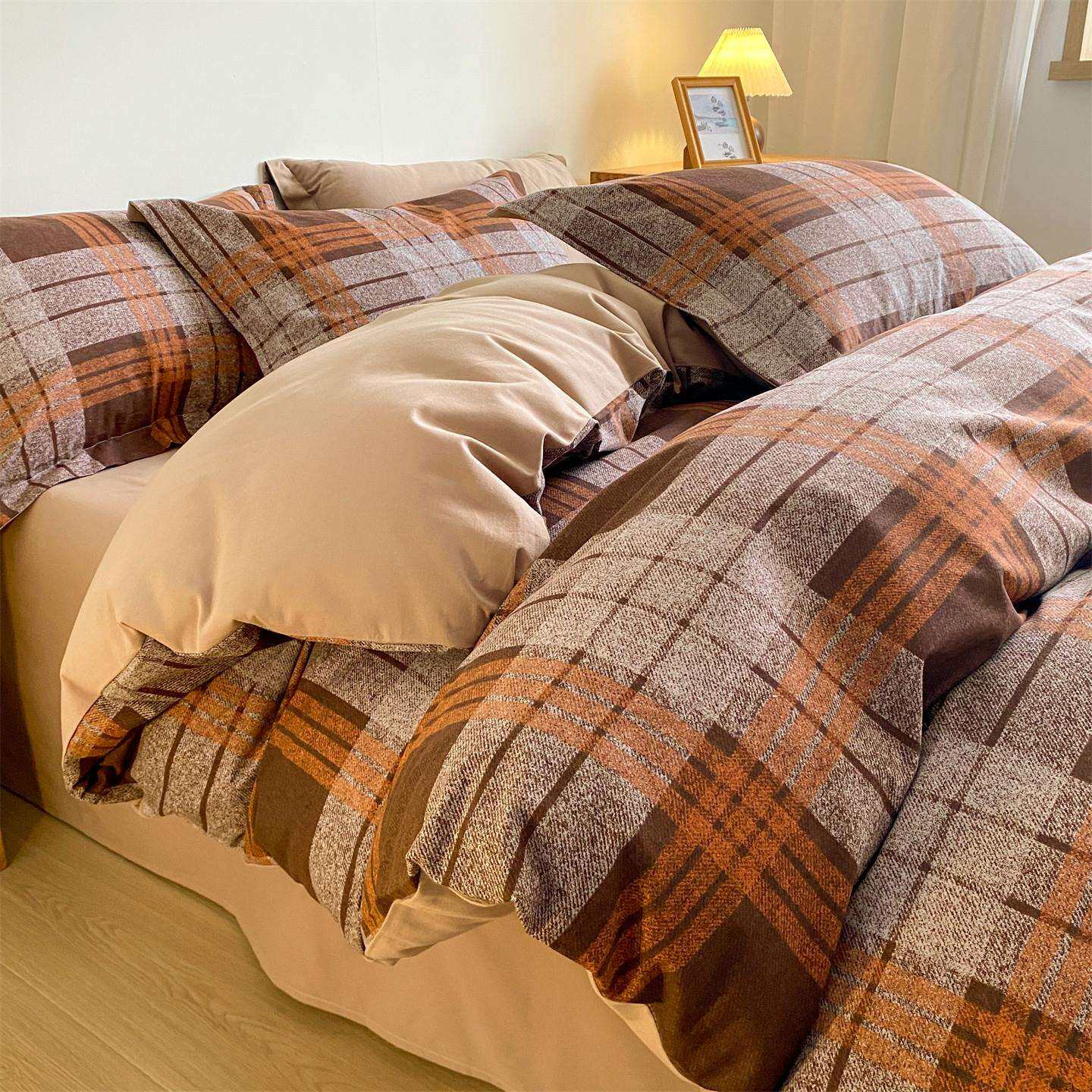 加厚磨毛床上四件套全棉纯棉2025新款格子被套秋冬季床单式三件套