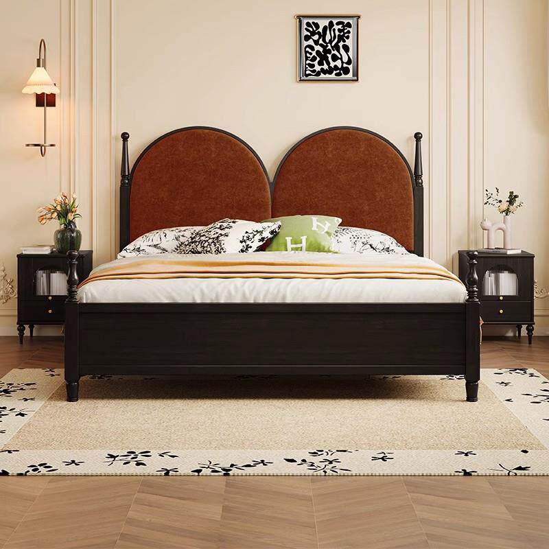 美式黑色复古双人床现代简约法式中古风实木床罗马柱主卧结婚床
